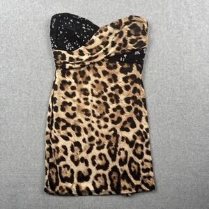 Vintage Wet Seal Dress Womens M Brown Leopard Strapless Sequin Bodycon Mini Y2K